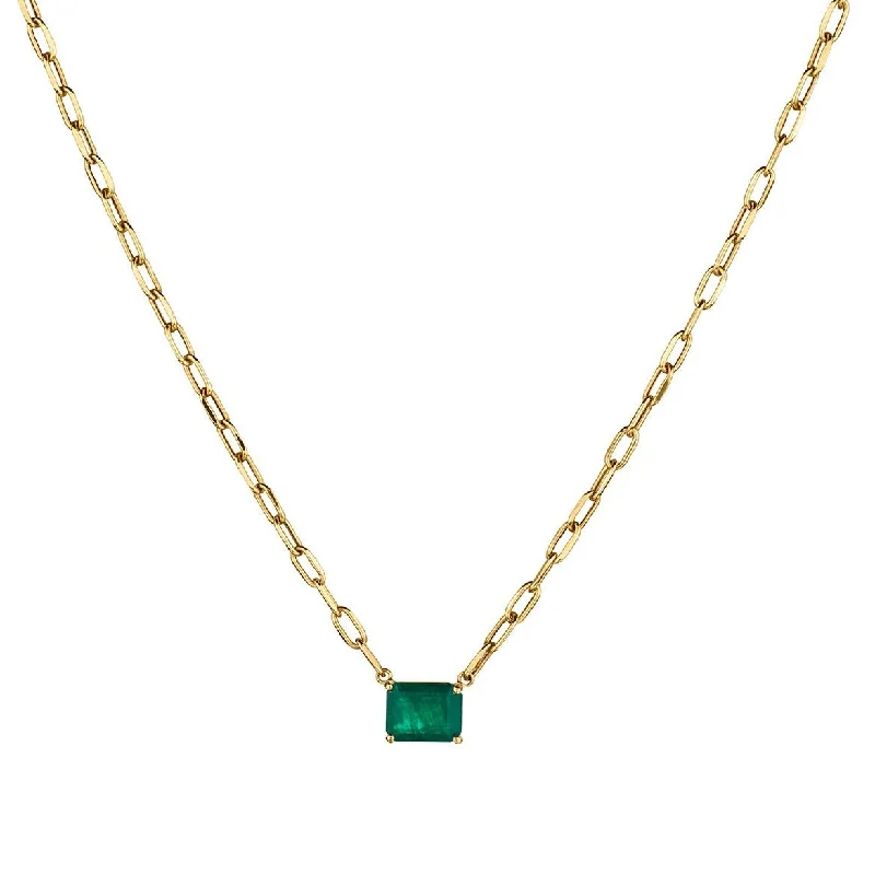 Trendy Gold Necklace-GREEN EMERALD SET ON PAPERCLIP CHAIN NECKLACE