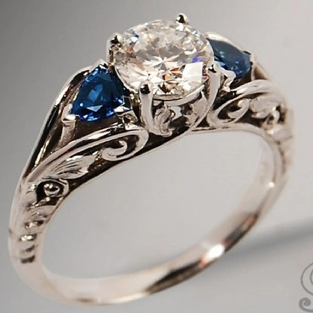 Custom Ring with Sapphires-Retro Style Blue Crystal Geometric Carved Alloy Ring