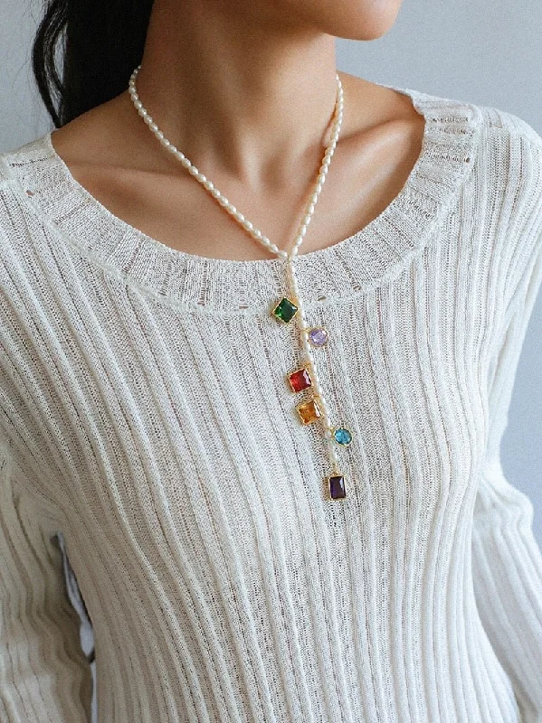 Personalized Chain Necklace-Colorful Geometric Multi-Gemstone Pendant and Pearl Y-shaped Necklace