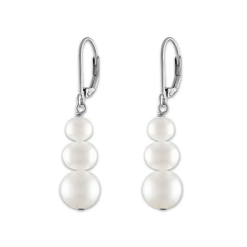 Unique Gold Earrings-Round Pearl Drop & Dangle Three Stone 6-8MM Fresh Water Earrings in Rhodium Plated Sterling Silver