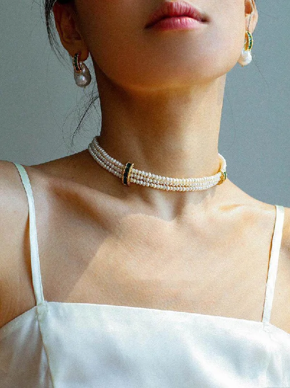 Luxury Necklace with Diamonds-Natural Seed Pearl Multi-layer Emerald Necklace Choker