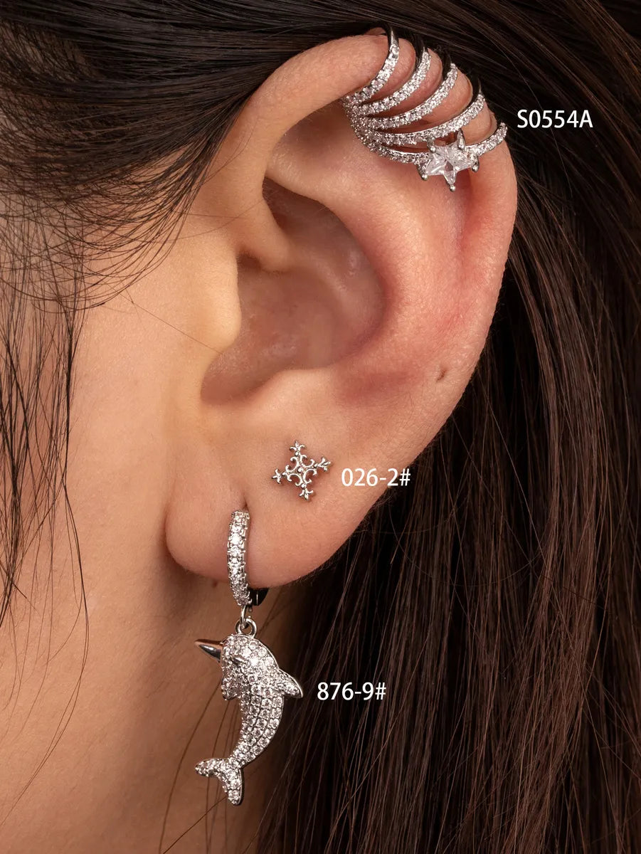 Crystal Drop Earrings-1 Piece IG Style Cross Star Whale Inlay Stainless Steel Copper Zircon Ear Studs