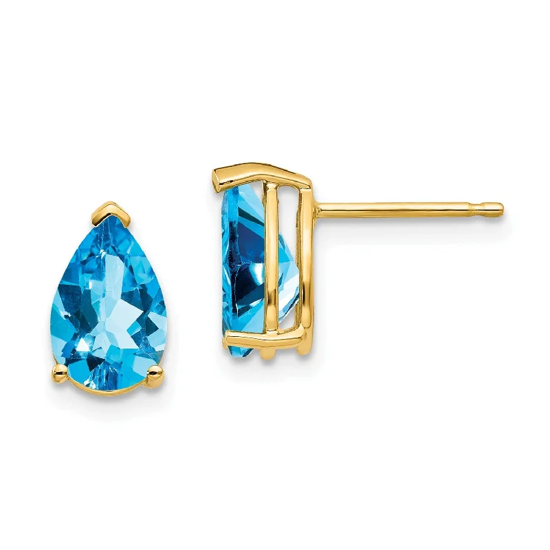 Elegant Pearl Stud Earrings-9X6MM Pear Swiss Blue Topaz Stud Earrings in 14KT Yellow Gold