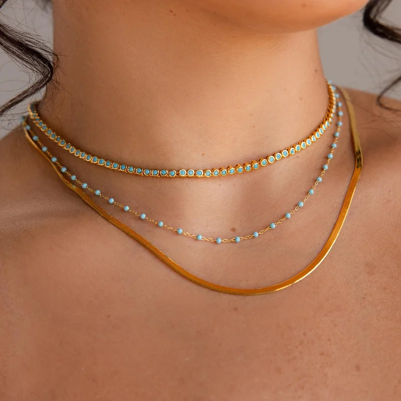 Long Gold Necklace-Turquoise Bezel Tennis Necklace