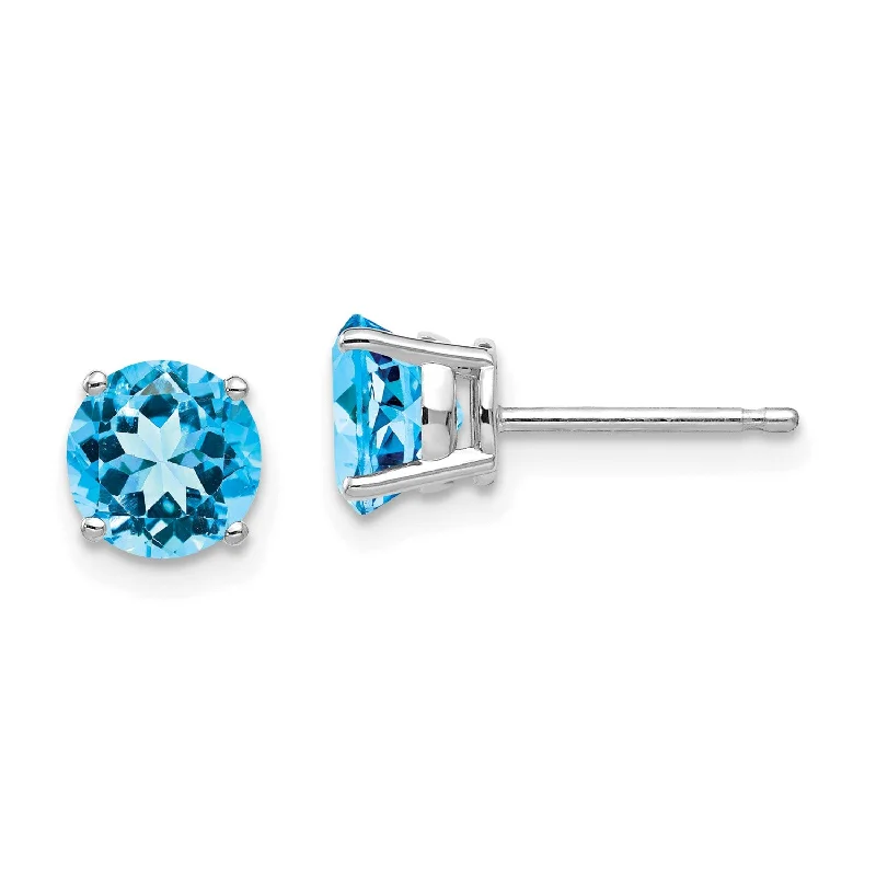 Handmade Earrings for Weddings-6MM Round Swiss Blue Topaz Stud Earrings in 14KT White Gold