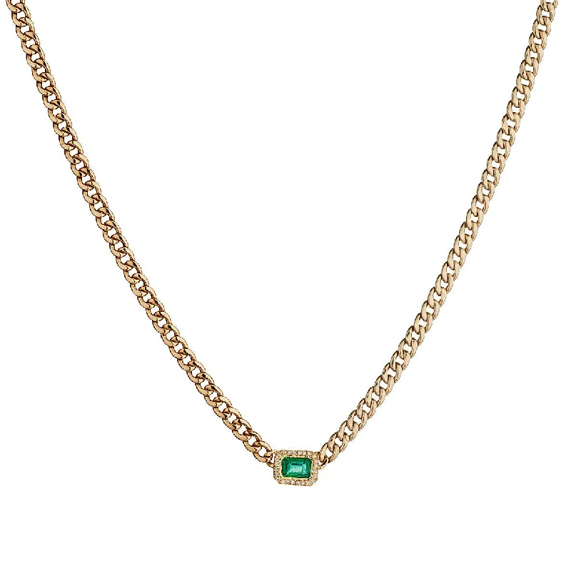 Classic Necklace with Diamonds-GREEN EMERALD & DIAMOND PENDANT LINK CHAIN NECKLACE