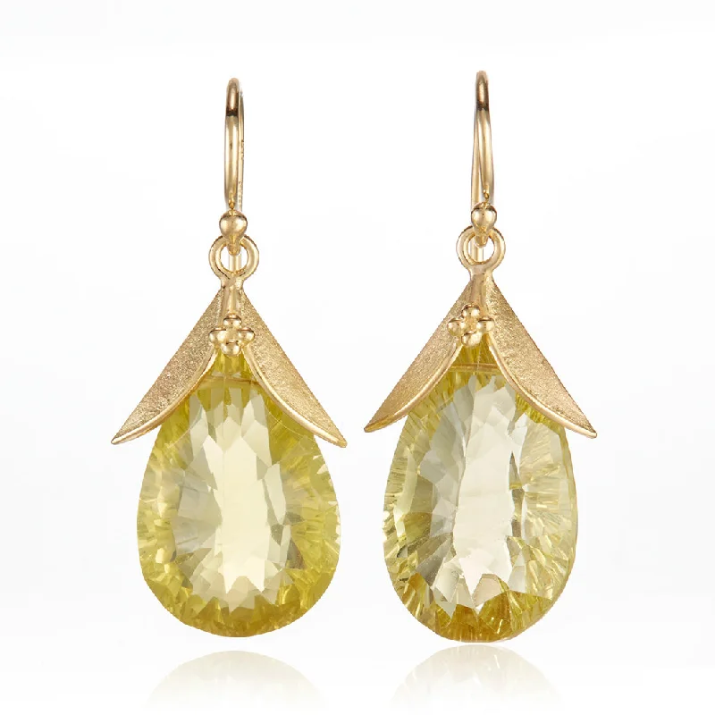 Sparkling Silver Earrings-Lemon Quartz Leaf Cap Drop Earrings