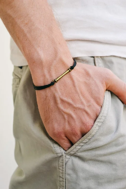 Stylish Charm Bracelet for Weddings-Bronze bar bracelet for men, black cord, fathers day gift