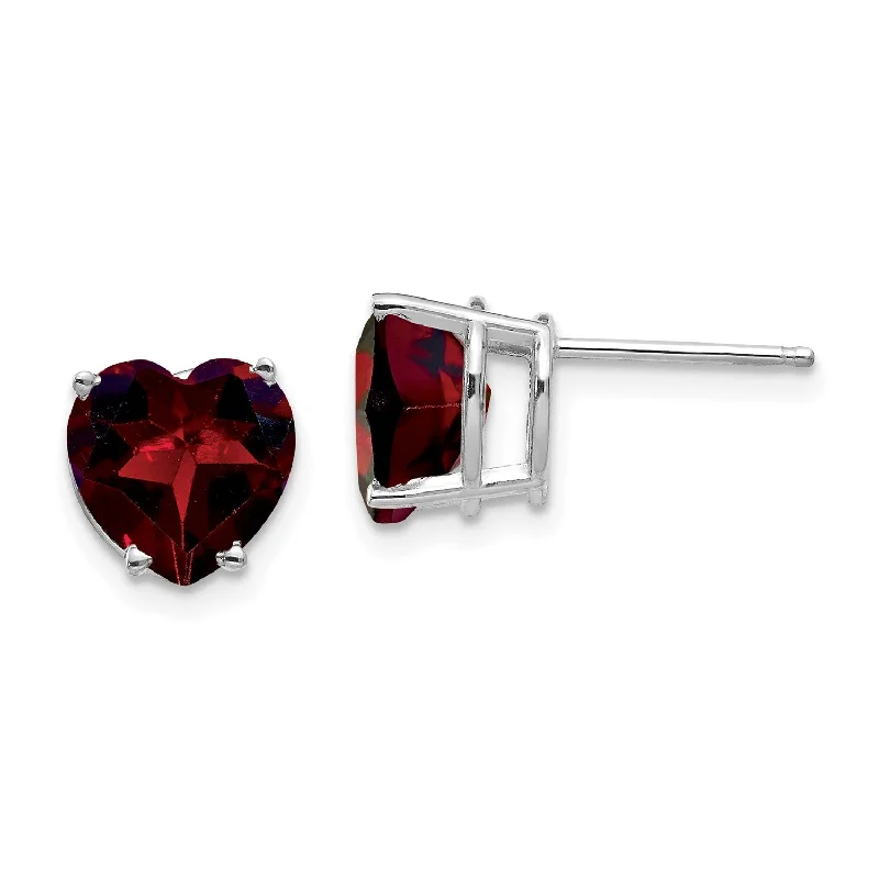 High-End Earrings for Weddings-8MM Heart Shape Garnet Stud Earrings in 14KT White Gold