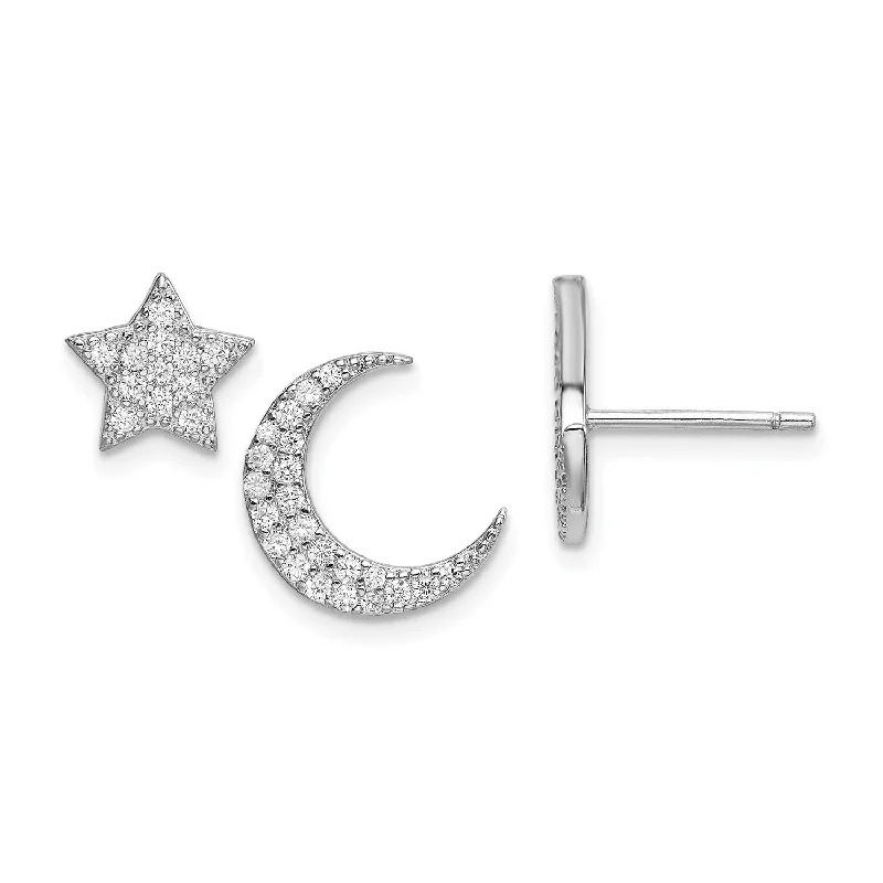 Bridal Earrings with Pearls-Sterling Silver Cubic Zirconia 11MM Stud Celestial Star and Moon Earrings