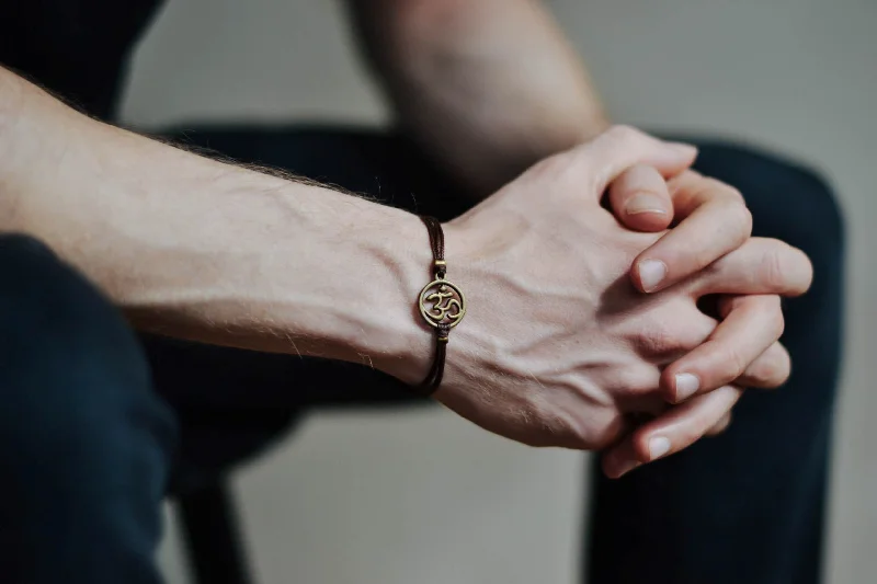 Custom Gold Bracelet for Men-Men's bracelet with antique bronze Om charm, brown cord, fathers day gift for him