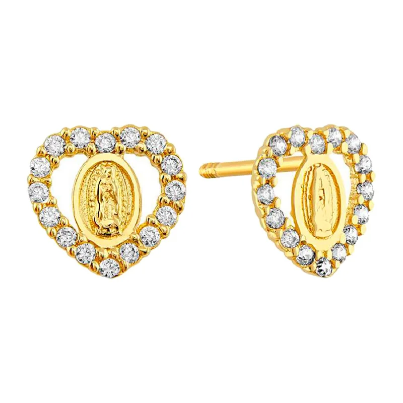 Modern Silver Drop Earrings-14KT Yellow Gold and Cubic Zirconia Virgin de Guadalupe Heart Earrings