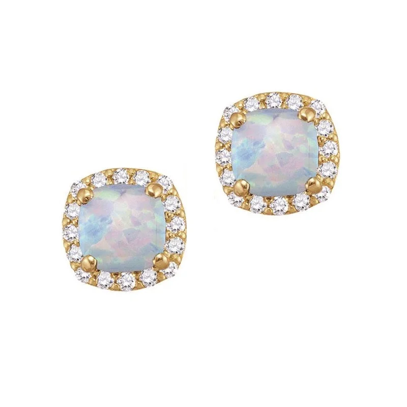 Wedding Jewelry Earrings-5MM Cushion Opal and White Sapphire Birthstone Halo Stud Earrings in 10KT Yellow Gold