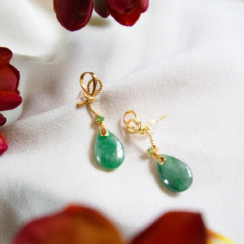 Wedding Earrings with Silver-Ribbon with Tsavorite and Jade 18K Gold Earrings