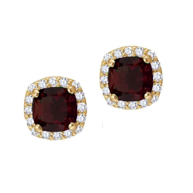 Sparkling Silver Earrings-5MM Cushion Garnet and White Sapphire Birthstone Halo Stud Earrings in 10KT Yellow Gold