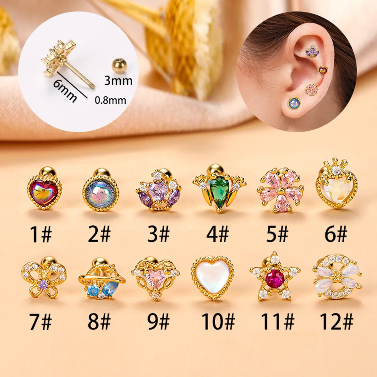 Elegant Pearl Stud Earrings-Fashion Heart Shape Crown Stainless Steel Copper Plating Inlay Zircon Ear Studs 1 Piece