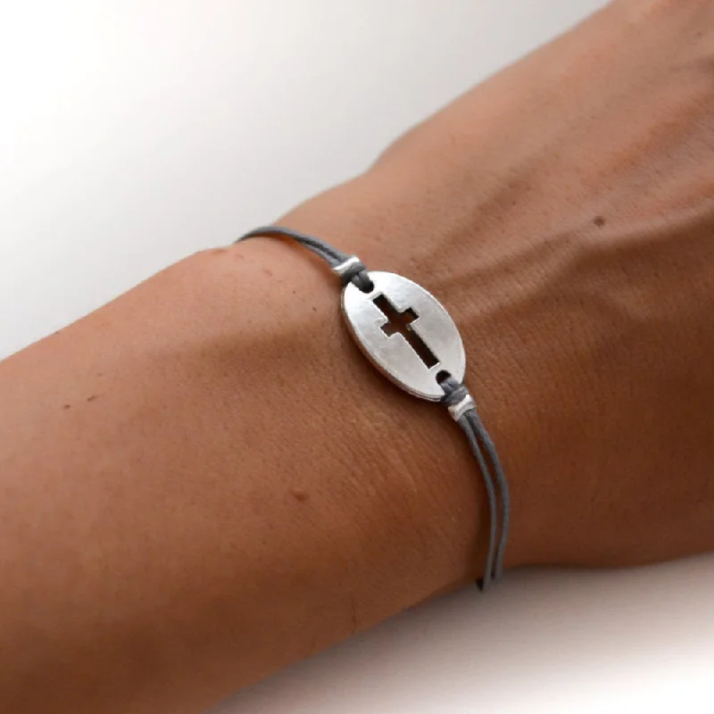 Trendy Silver Bangle-Women bracelet with silver cross round charm, Gray cord