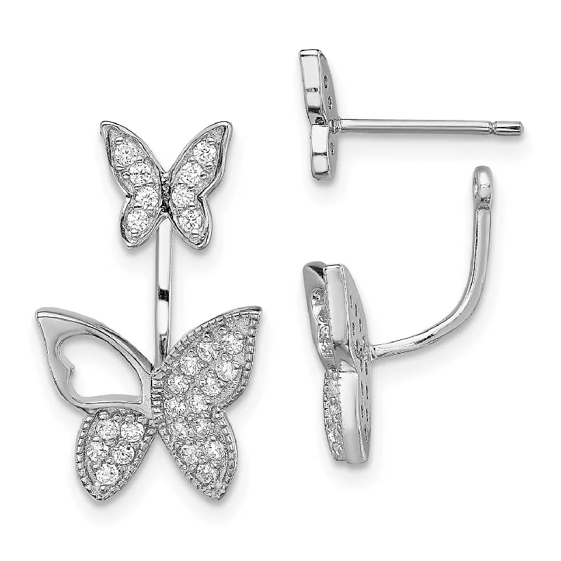 Silver Stud Earrings-Sterling Silver Cubic Zirconia 19X12MM Butterfly Front and Back Earrings