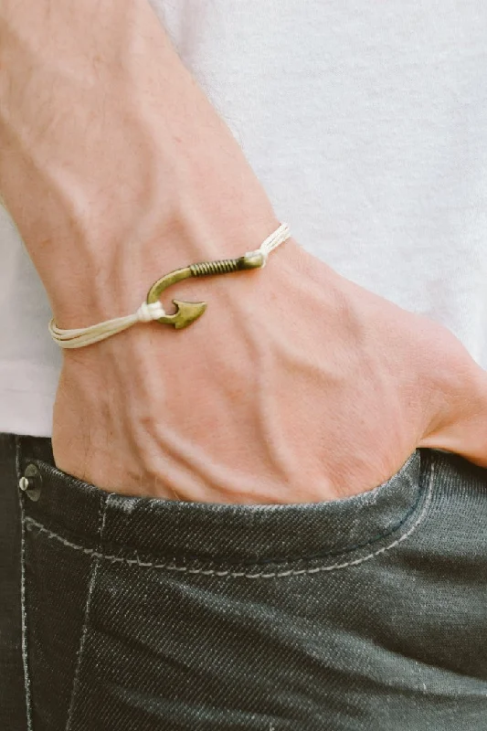 Personalized Friendship Bracelet-Fish hook charm bracelet for men, bronze hook, beige string, custom color, gift wrapped handmade