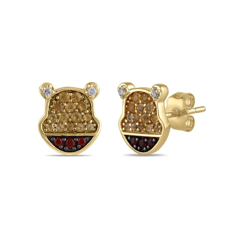 Gold Hoop Earrings-Disney Jewels Citrine, Garnet and Diamond Winnie The Pooh Earrings in Sterling Silver