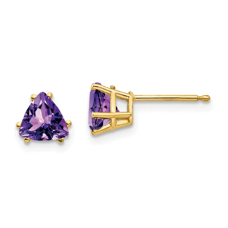 Colorful Drop Earrings for Women-6MM Trillion Amethyst Stud Earrings in 14KT Yellow Gold