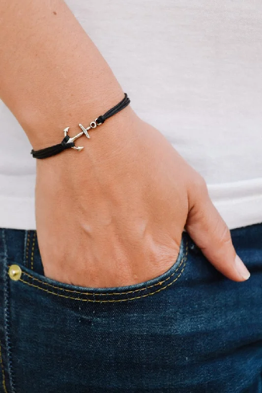 Diamond Bangle Bracelet-Silver anchor bracelet, black cords, nautical gift for her