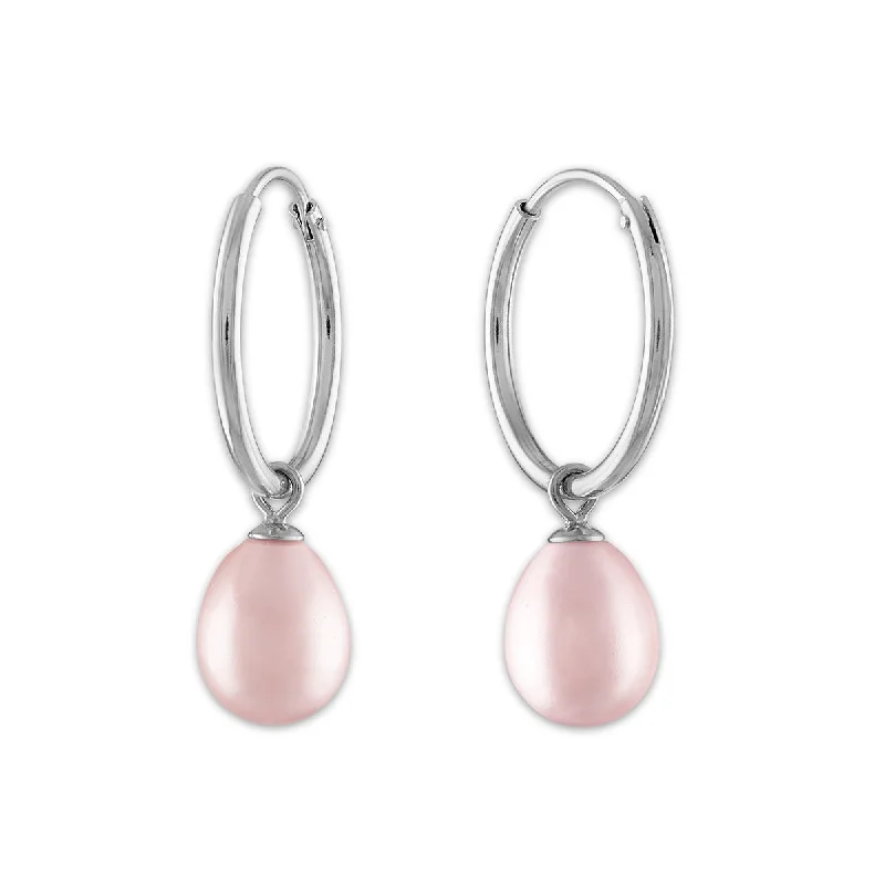 Pearl Earrings for Bride-Round Pearl Hoop Drop & Dangle 6-7.5MM Pink Earrings in Rhodium Plated Sterling Silver