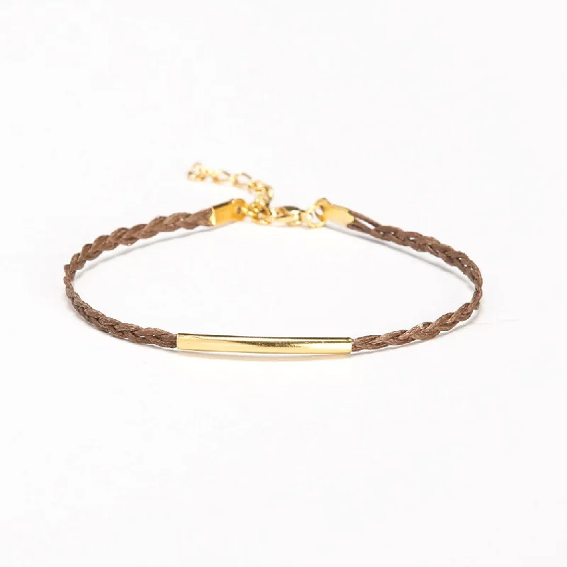 Luxury Men’s Bracelet-Gold bar anklet, handmade braided brown string ankle bracelet, customized gift for her