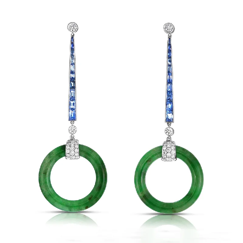 Chic Hoop Earrings-Circular Jade with Sapphire & Diamond Earrings