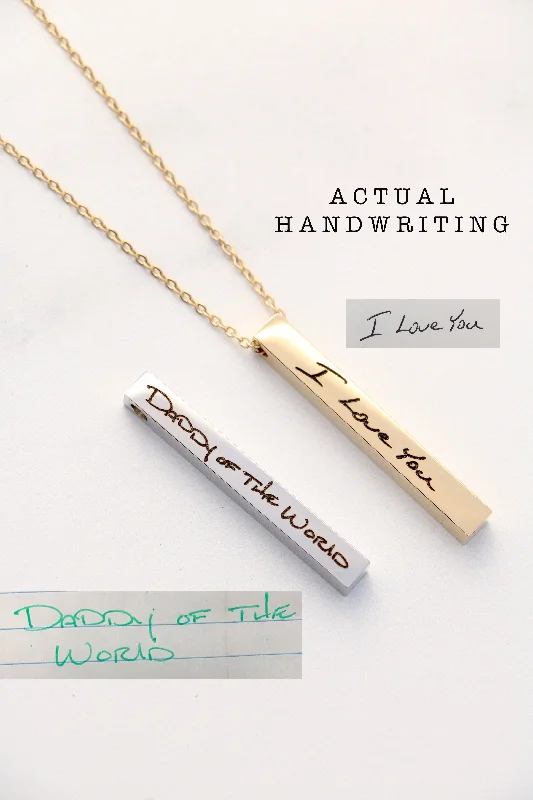 Elegant Gold Necklace for Weddings-handwriting vertical bar { silver + gold }