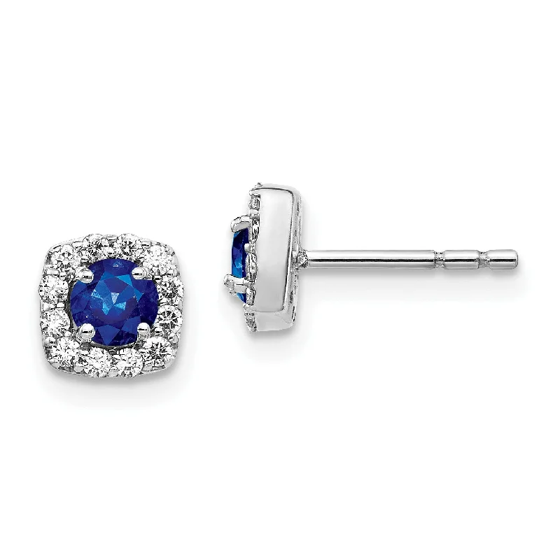 Cute Stud Earrings for Teenagers-14KT White Gold Sapphire and Diamond Halo Cushion Shaped Earrings