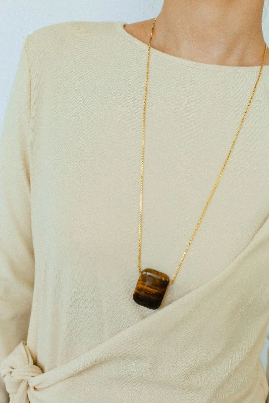 Classic Gold Necklace-Niche Square Tiger's Eye Stone Obsidian Long Chain Necklace