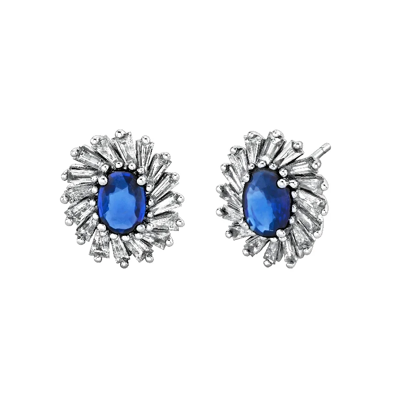 Fashionable Stud Earrings-Sapphire and Baguette Halo Studs