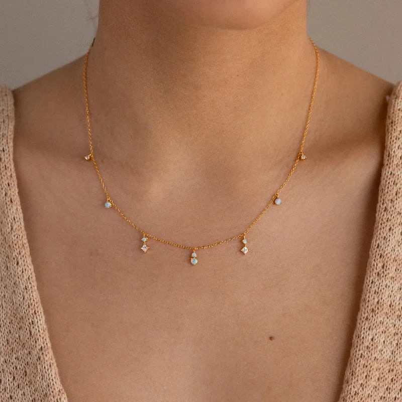 Elegant Birthstone Necklace-Opal Diamond Station Necklace