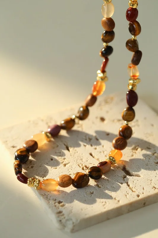 Trendy Gold Chain Necklace-Broken Tiger's Eye Natural Stone Beaded Necklace