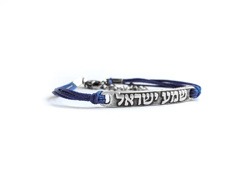 Personalized Silver Bracelet with Diamonds-Hebrew bracelet, silver plaque with Hebrew sentence: 'shema israel', blue string, Bat Mitzvah gift, from Israel, Hear Israel, Jewish prayer