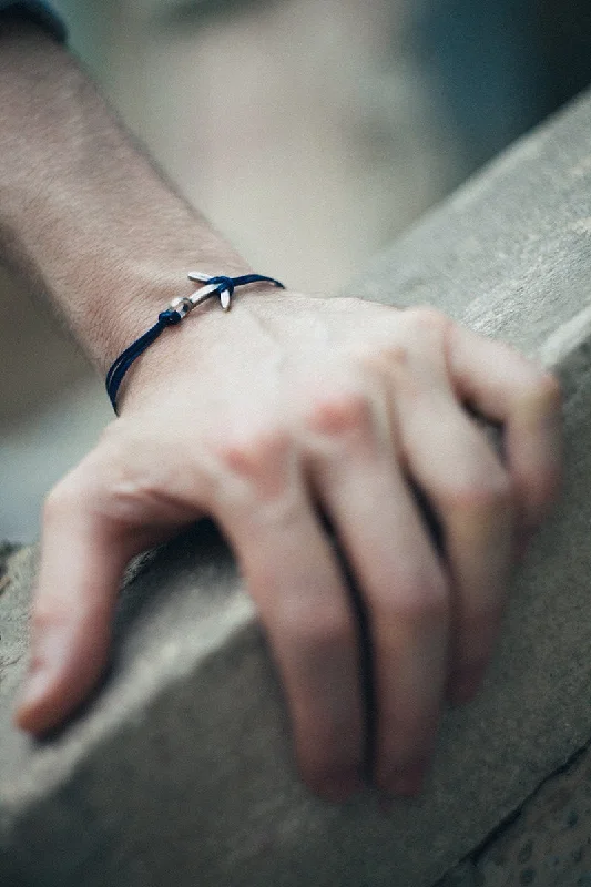 Simple Crystal Bangle Bracelet-Silver anchor mens bracelet, blue strings, gift for men, nautical