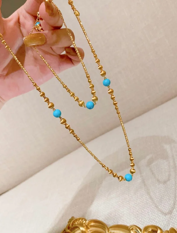 Classic Necklace with Diamonds-Sleeping Beauty Turquoise Cat’s Eye Beaded Necklace Adjustable Gold Vermeil Chain