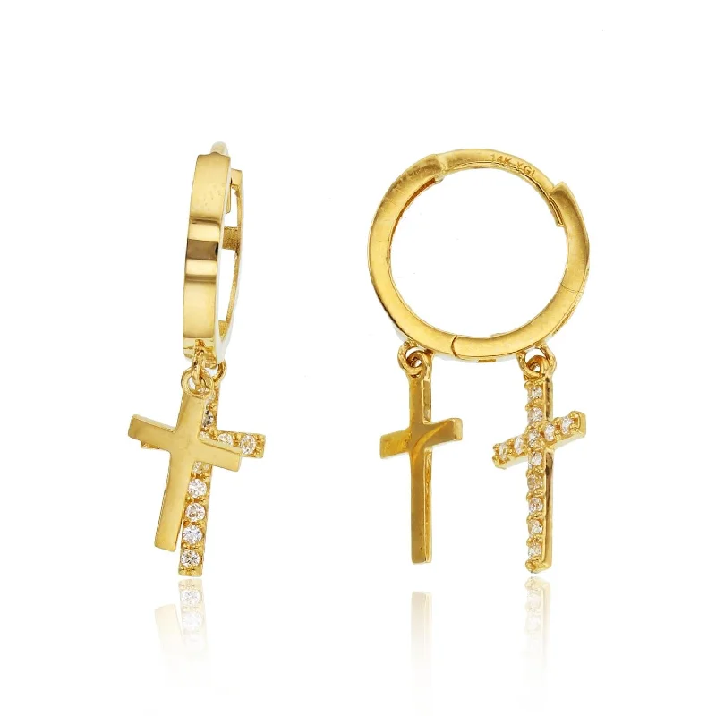 Vintage Earrings for Women-14KT Yellow Gold Cubic Zirconia Drop & Dangle Cross Huggie Earrings