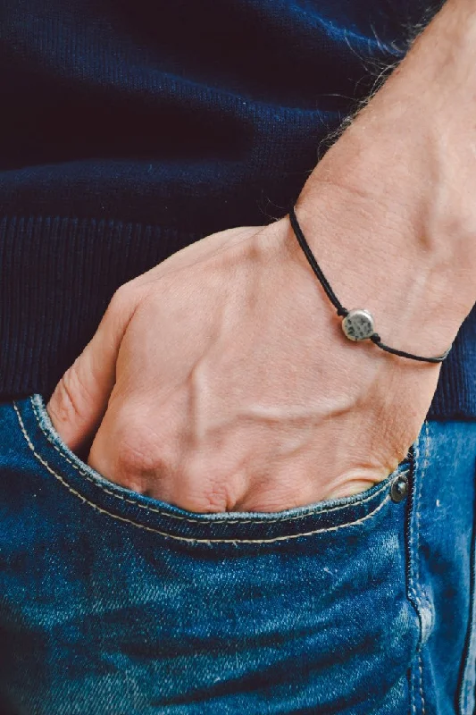 Fashionable Gold Link Bracelet-Silver circle bead bracelet for men, black cord, gift for him, custom size and color, handmade