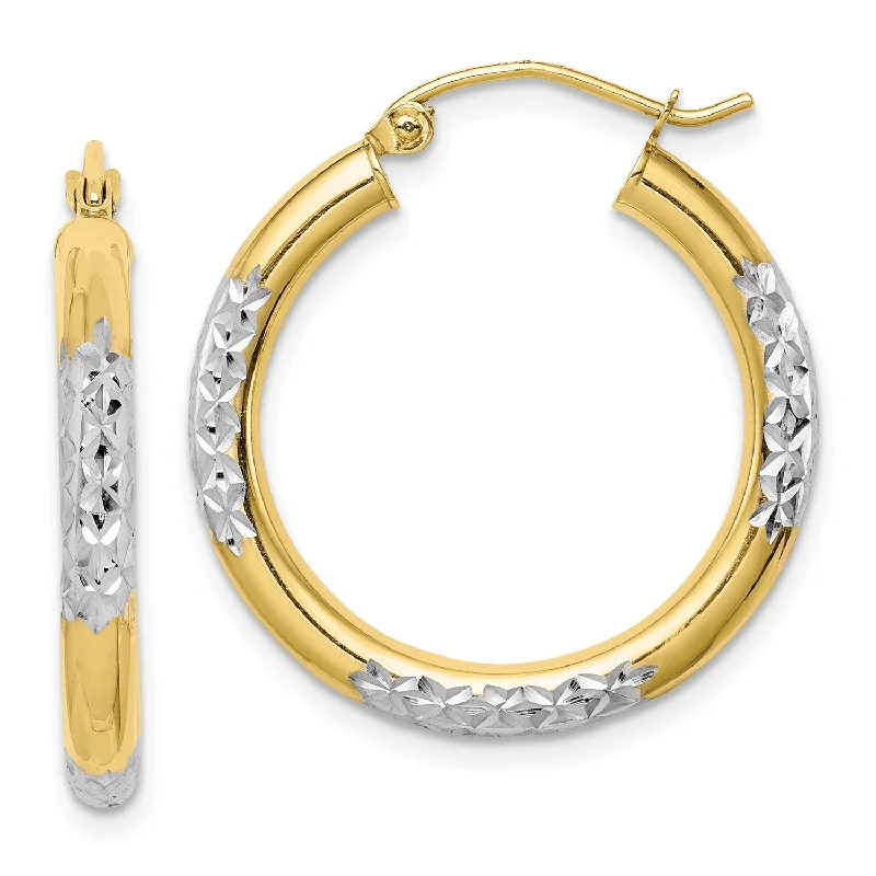 Cute Butterfly Earrings-10KT Yellow Gold With Rhodium Plating 25X3MM Diamond-cut Hoop Earrings