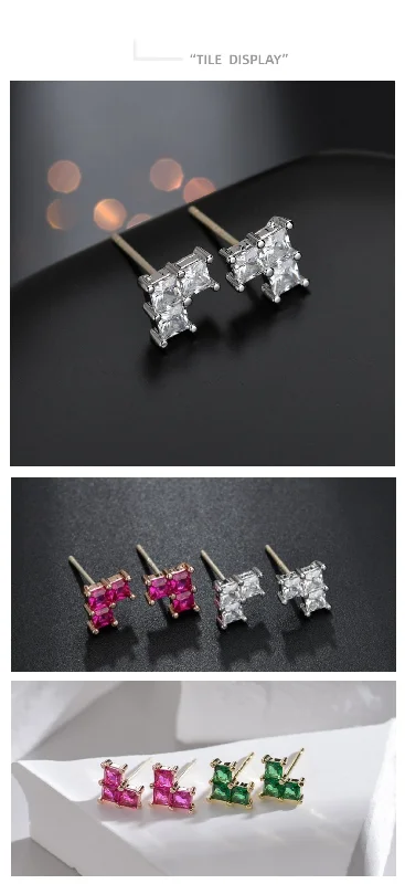 Black Earrings for Women-Fashion Square Heart Shape Alloy Copper Inlaid Zircon Ear Studs 1 Pair