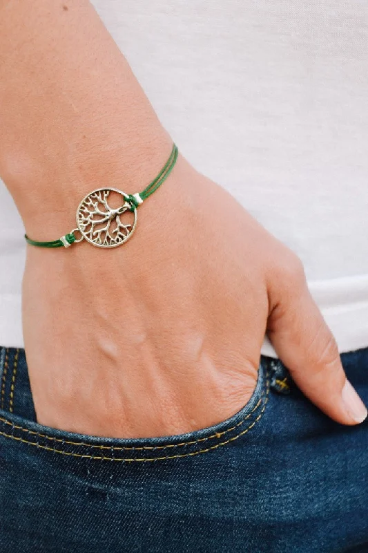 Elegant Adjustable Bracelet-Shani & Adi Jewelry handmade silver 'Tree of Life' bracelet, green string, custom gift for her