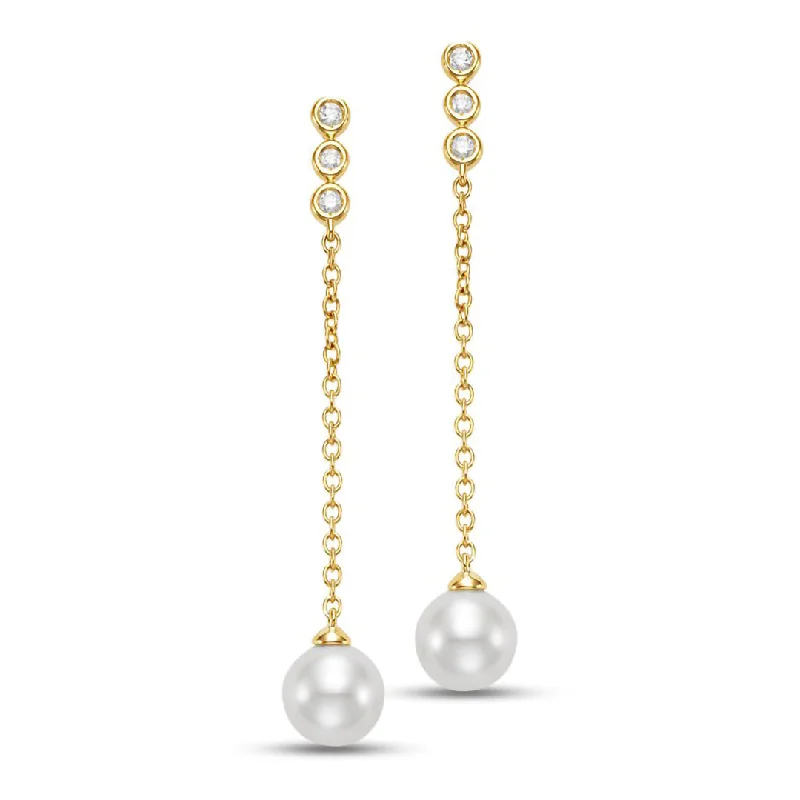 Antique Style Earrings-Triple Diamond & Pearl Drop Earrings