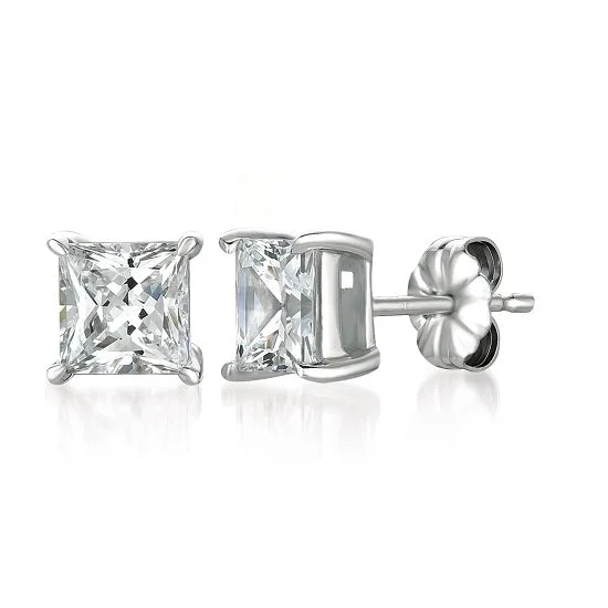 Statement Earrings for Weddings-Crislu Platinum Plated Sterling Silver Princess Cut Cubic Zirconia Stud Earrings