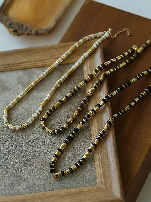 Wedding Necklace with Diamonds-Black Agate Tiger Eye Mother of Pearls Vintage Disc Beaded Necklace