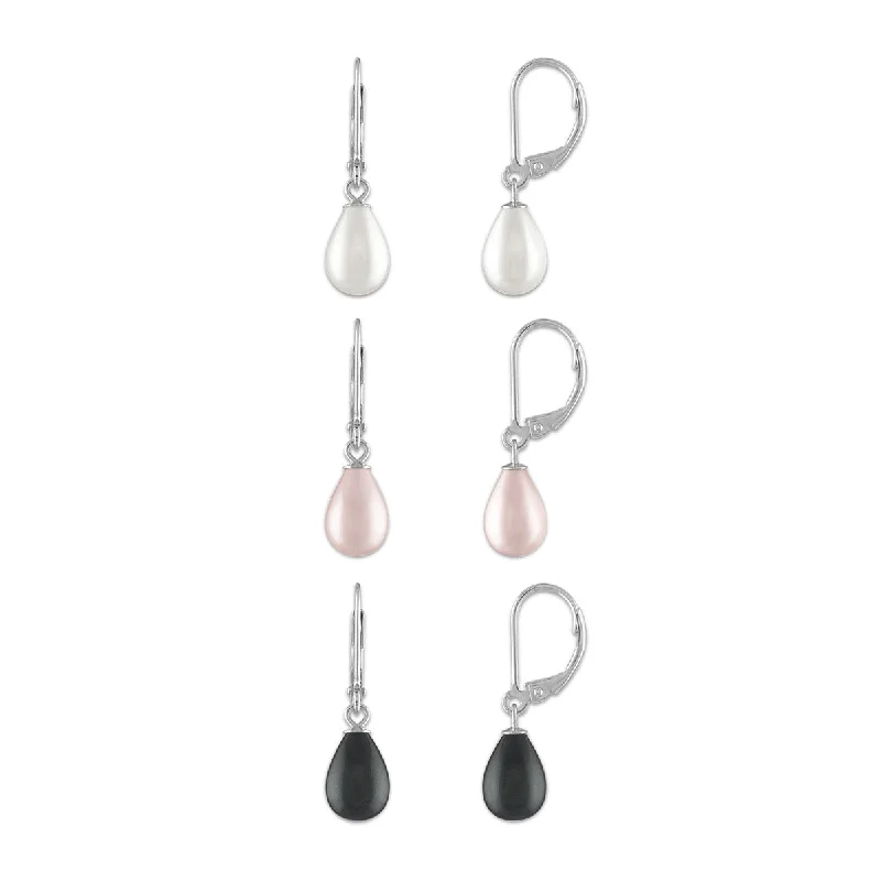 Black Diamond Earrings-7MM Shell Pearl 3-Pair Earrings in Sterling Silver