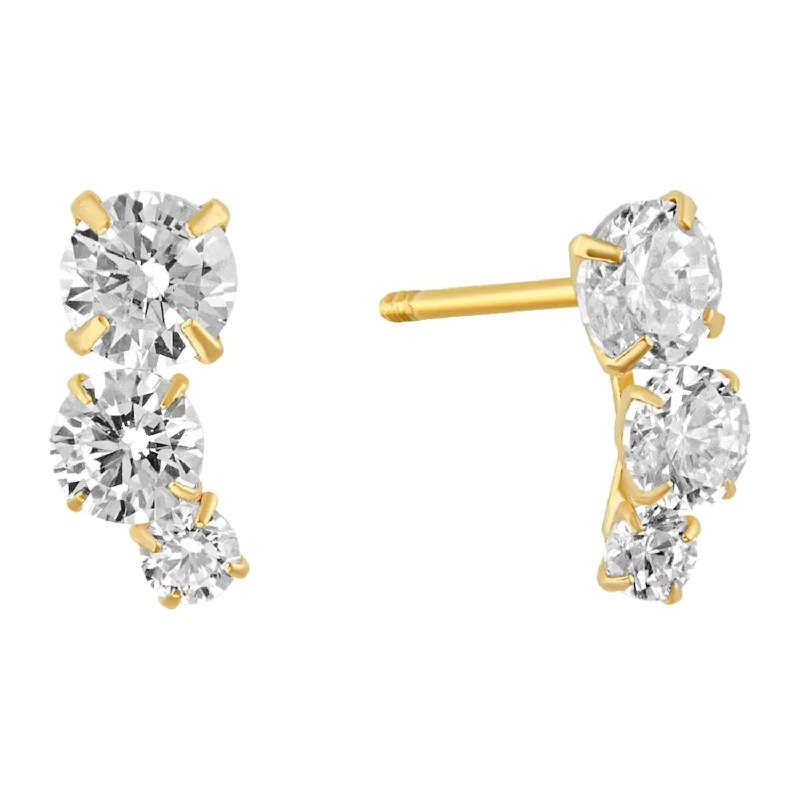 Luxurious Pearl Earrings-14KT Yellow Gold and Cubic Zirconia Three Stone Earrings