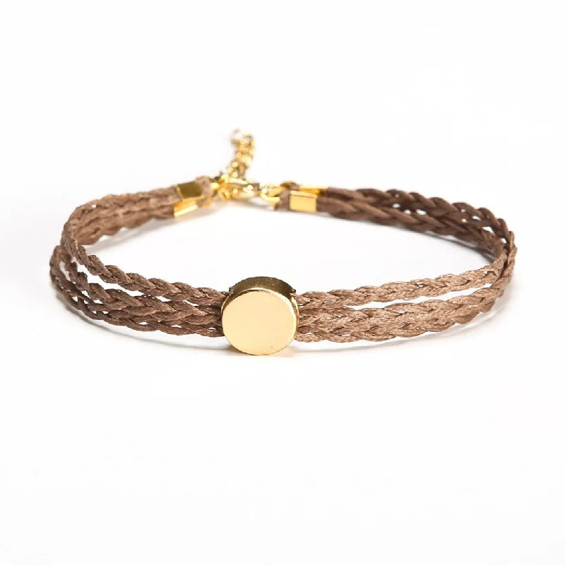 Women’s Adjustable Beaded Bracelet-Braided ankle bracelet with a gold round bead, brown adjustable anklet