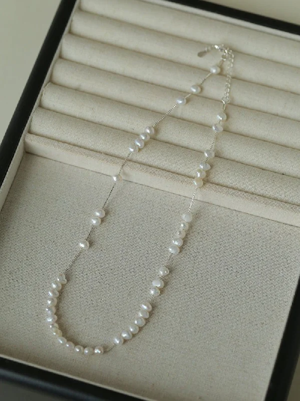 Fine Silver Necklace-925 Silver Aurora Freshwater Pearl Chain Necklace